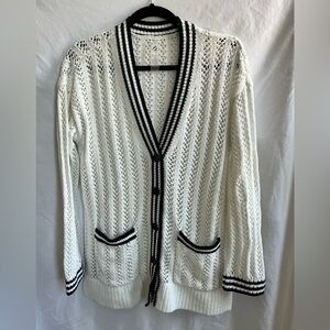 Women's Loft Lou & Grey White Cardigan Sweater with Navy Blue Trim